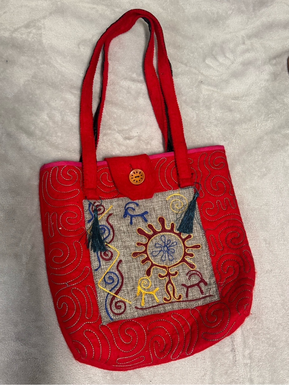 Red Embroidered Tote Bag with Tassel Detail